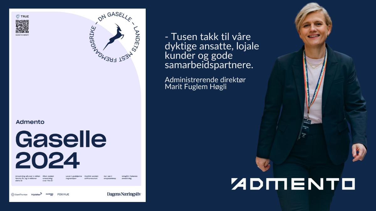 Bilde av diplom for DN Gaselle, Marit Fuglem Høgli - administrerende direktør, med et sitat som takker kunder, ansatte og samarbeidspartnere.