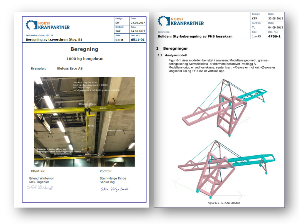 Bereninger av traverskran og PHB lossekran. Dokument.