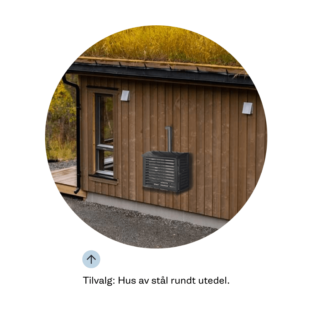 Hus av stål rundt utedel til varmepumpe